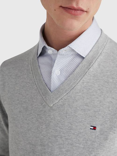 Tommy Hilfiger 1985 Essential TH Flex V-Neck Jumper Moški Puloverji Siva | TH327MGU