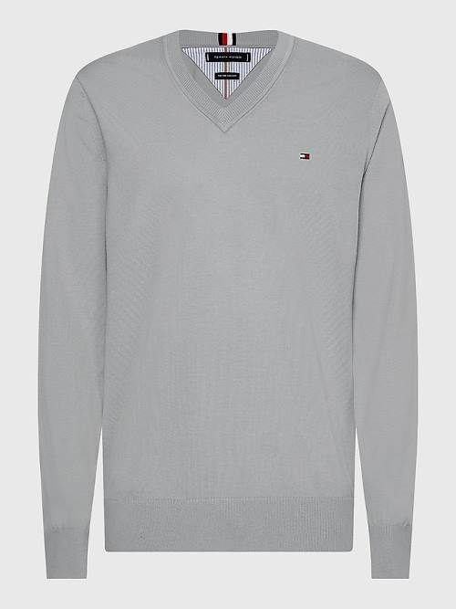 Tommy Hilfiger 1985 Essential TH Flex V-Neck Jumper Moški Puloverji Siva | TH327MGU