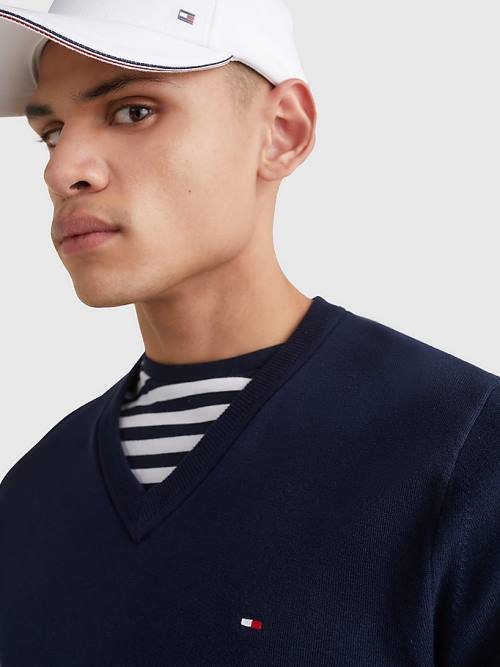 Tommy Hilfiger 1985 Essential TH Flex V-Neck Jumper Moški Puloverji Modra | TH417TDM