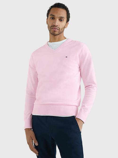 Tommy Hilfiger 1985 Essential TH Flex V-Neck Jumper Moški Puloverji Roza | TH691VPC