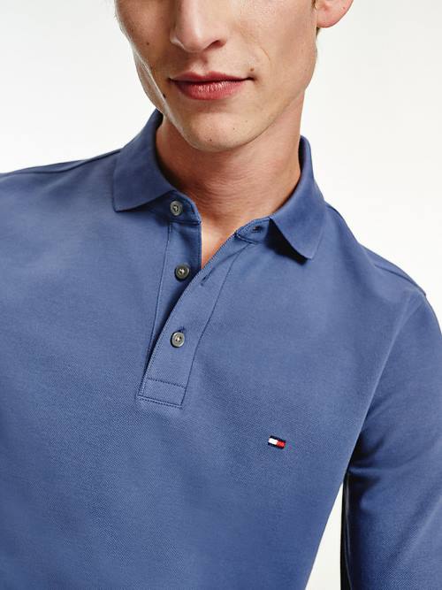 Tommy Hilfiger 1985 TH Flex Slim Fit Long Sleeve Moški Polo Majica Modra | TH163RXB