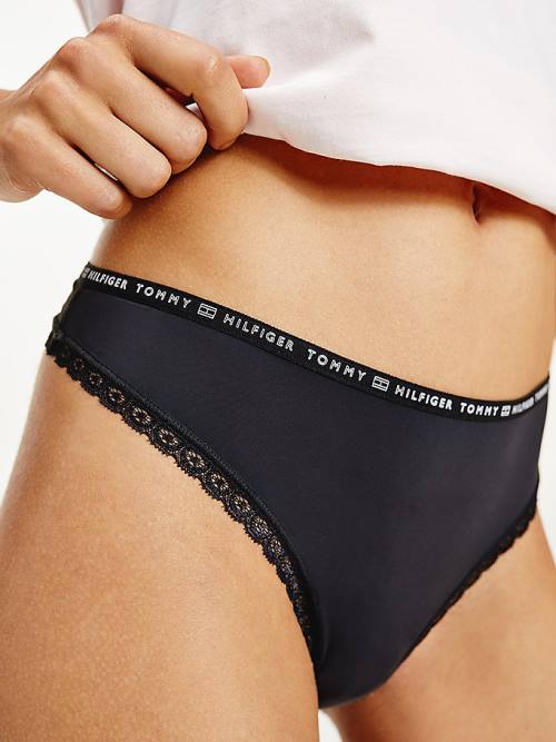 Tommy Hilfiger 3-Pack Floral Lace Trim Thongs Ženske Spodnje Perilo Črna | TH103OHL