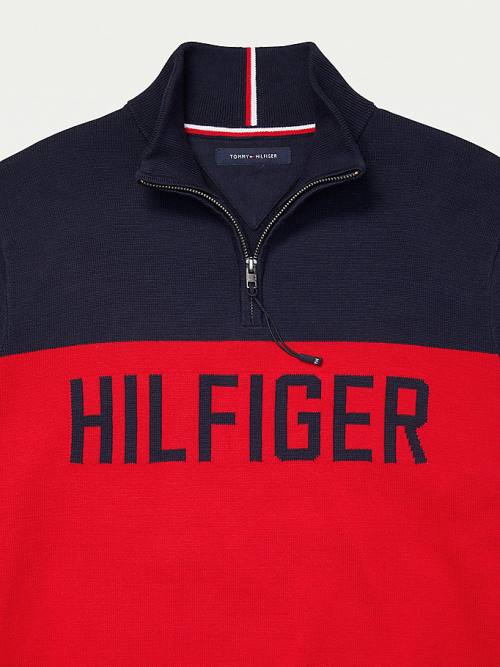 Tommy Hilfiger Adaptive Colour-Blocked Half-Zip Sweatshirt Moški Puloverji Rdeča | TH743OLK