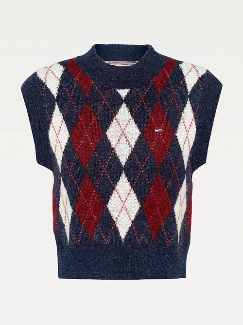 Tommy Hilfiger Argyle Cropped Wool Blend Vest Ženske Puloverji Modra | TH740DSY