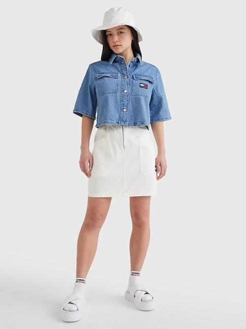 Tommy Hilfiger Badge Cropped Short Sleeve Denim Ženske Srajce Denim | TH045AHS