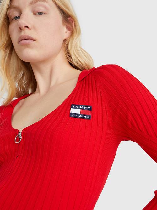 Tommy Hilfiger Badge Recycled Zip-Thru Cardigan Ženske Puloverji Rdeča | TH471EVH