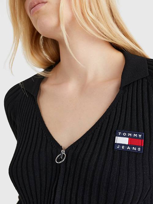 Tommy Hilfiger Badge Recycled Zip-Thru Cardigan Ženske Puloverji Črna | TH948SJT