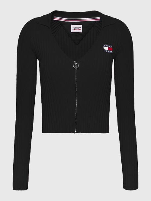 Tommy Hilfiger Badge Recycled Zip-Thru Cardigan Ženske Puloverji Črna | TH948SJT