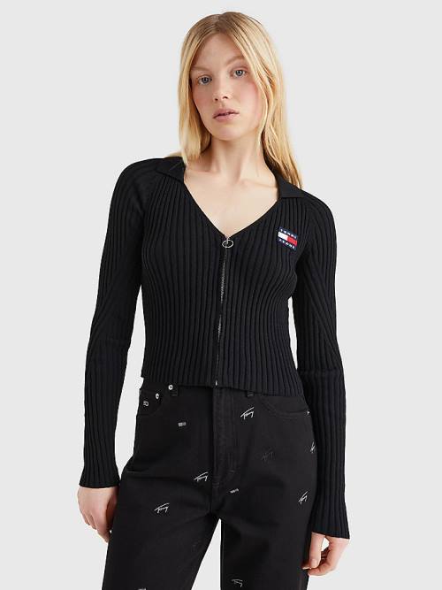 Tommy Hilfiger Badge Recycled Zip-Thru Cardigan Ženske Puloverji Črna | TH948SJT