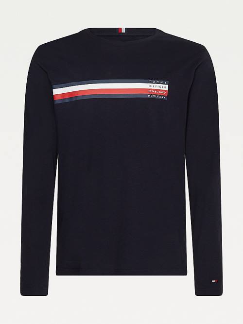 Tommy Hilfiger Bar Logo Long Sleeve Moški Majice Modra | TH418GOT