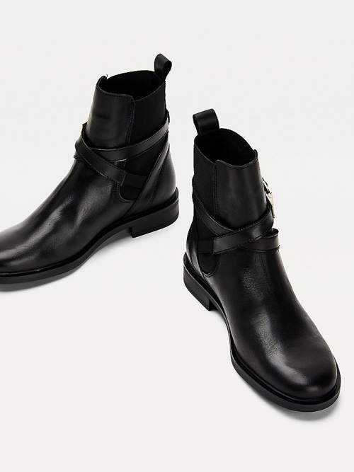 Tommy Hilfiger Buckled Leather Ankle Ženske Škornji Črna | TH317SQG