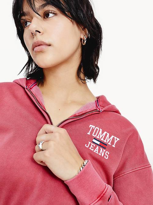 Tommy Hilfiger College Cropped Quarter-Zip Ženske Pulover s kapuco Rdeča | TH803VMQ