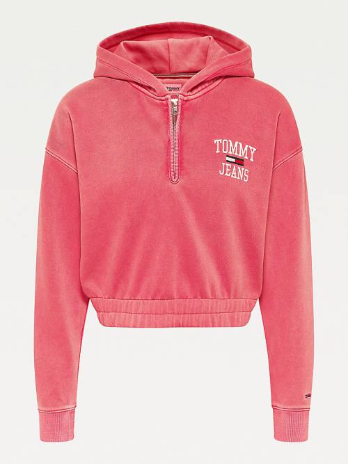 Tommy Hilfiger College Cropped Quarter-Zip Ženske Pulover s kapuco Rdeča | TH803VMQ