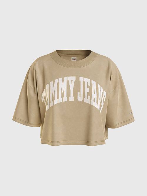 Tommy Hilfiger College Oversized Cropped Ženske Majice Bež | TH726RBH