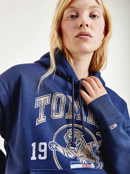 Tommy Hilfiger College Tiger Logo Relaxed Ženske Pulover s kapuco Modra | TH610UIG