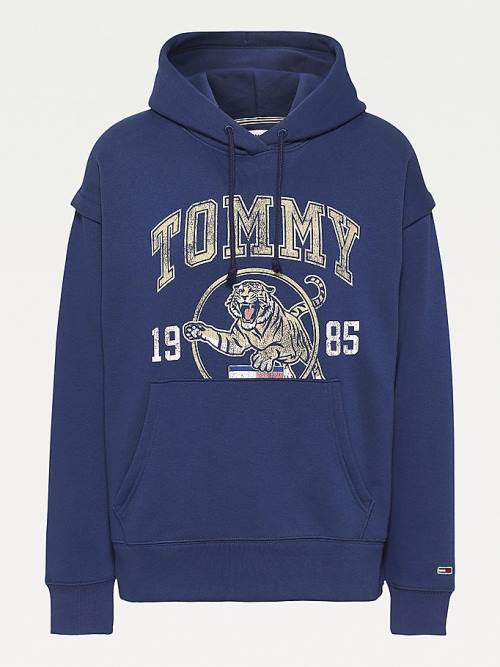 Tommy Hilfiger College Tiger Logo Relaxed Ženske Pulover s kapuco Modra | TH610UIG