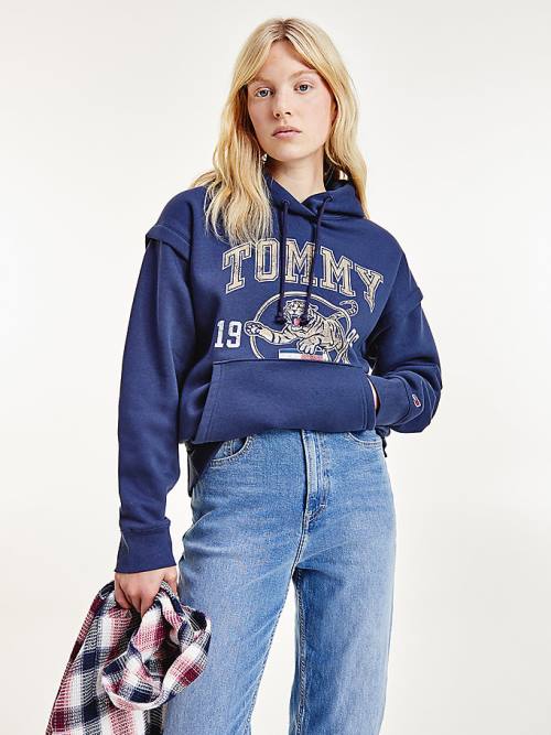 Tommy Hilfiger College Tiger Logo Relaxed Ženske Pulover s kapuco Modra | TH610UIG