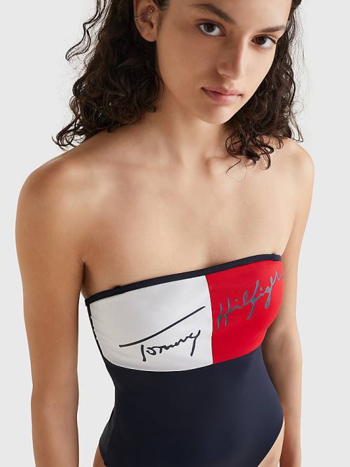 Tommy Hilfiger Colour-Blocked Bandeau One Piecesuit Ženske Kopalke Modra | TH852CVP