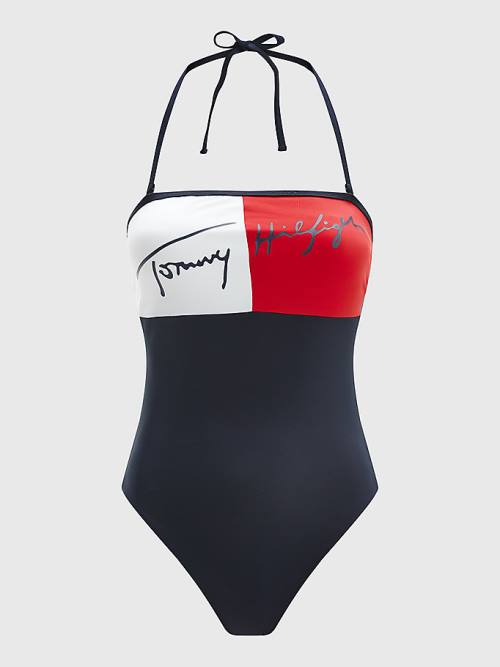 Tommy Hilfiger Colour-Blocked Bandeau One Piecesuit Ženske Kopalke Modra | TH852CVP