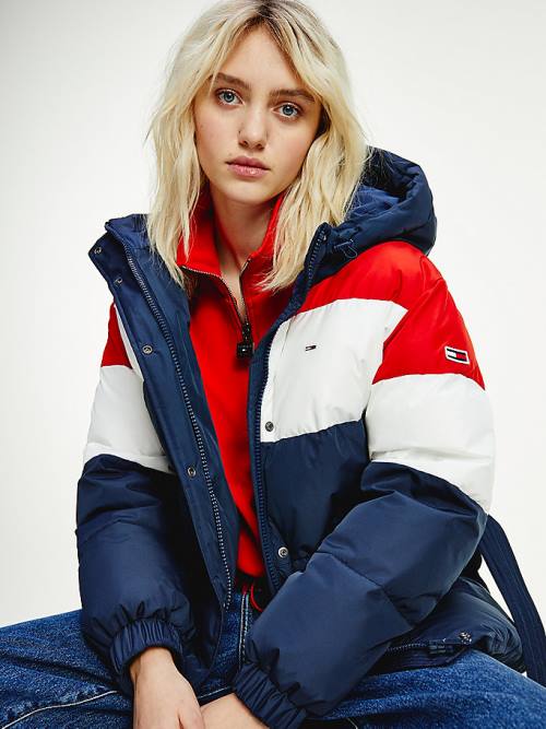 Tommy Hilfiger Colour-Blocked Belted Down Puffer Ženske Jakne Modra | TH386KYO