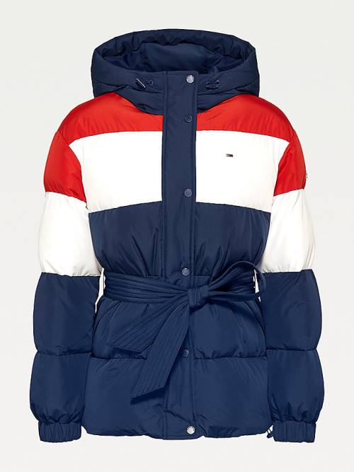 Tommy Hilfiger Colour-Blocked Belted Down Puffer Ženske Jakne Modra | TH386KYO