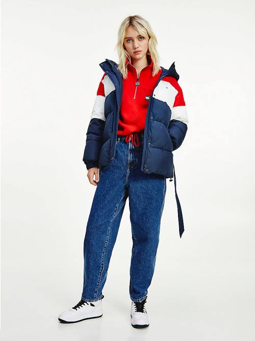 Tommy Hilfiger Colour-Blocked Belted Down Puffer Ženske Jakne Modra | TH386KYO