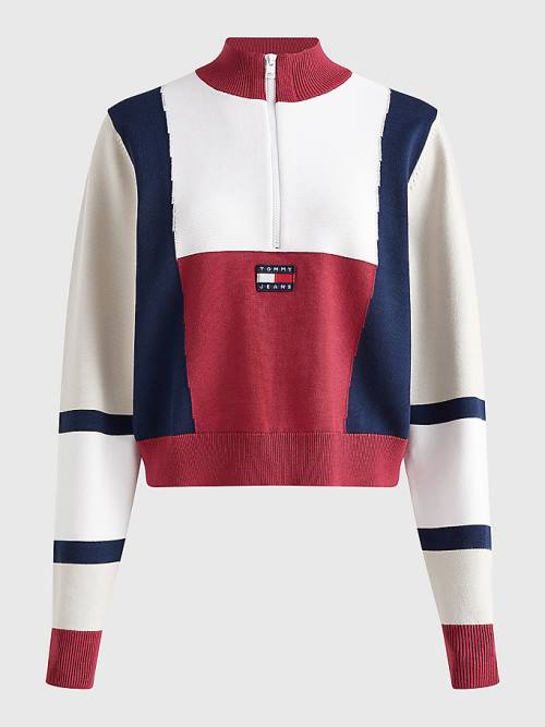 Tommy Hilfiger Colour-Blocked Half-Zip Jumper Ženske Puloverji Rdeča | TH835CFP