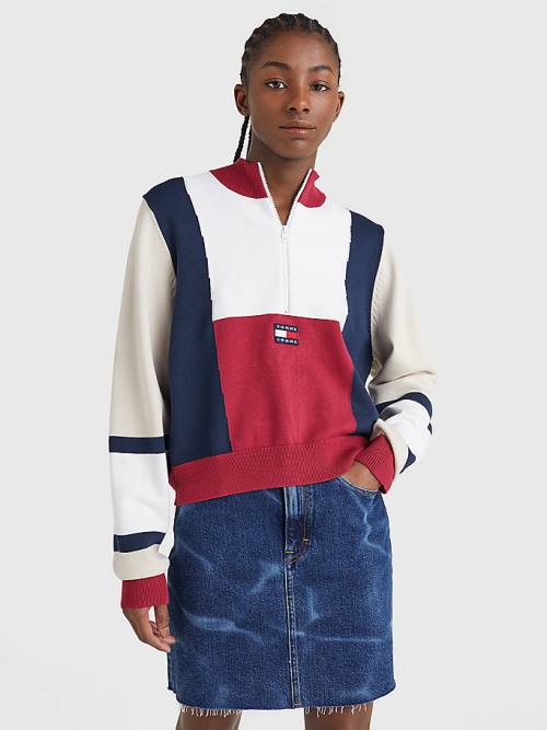 Tommy Hilfiger Colour-Blocked Half-Zip Jumper Ženske Puloverji Rdeča | TH835CFP