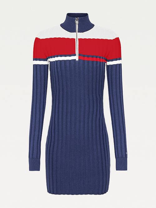 Tommy Hilfiger Colour-Blocked Half-Zip Jumper Ženske Obleke Modra | TH912HKQ