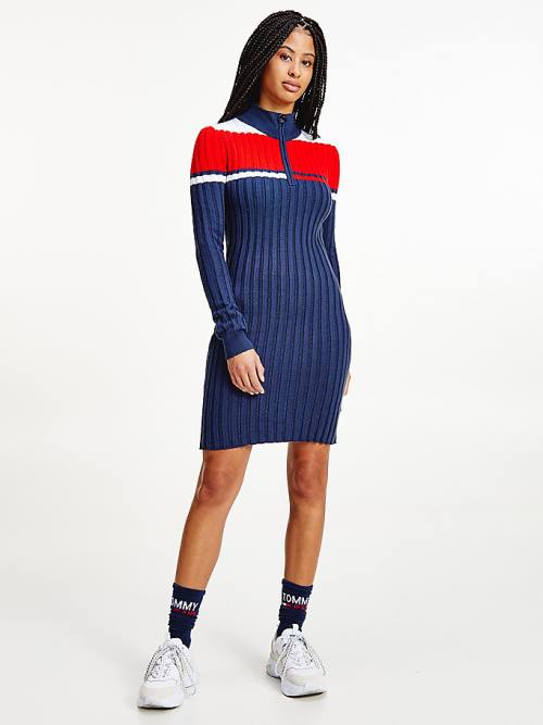 Tommy Hilfiger Colour-Blocked Half-Zip Jumper Ženske Obleke Modra | TH912HKQ