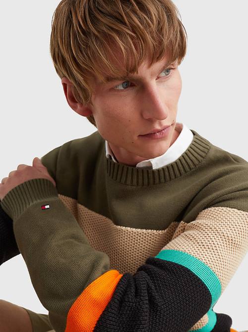 Tommy Hilfiger Colour-Blocked Mixed Knit Jumper Moški Puloverji Kaki | TH019GRA