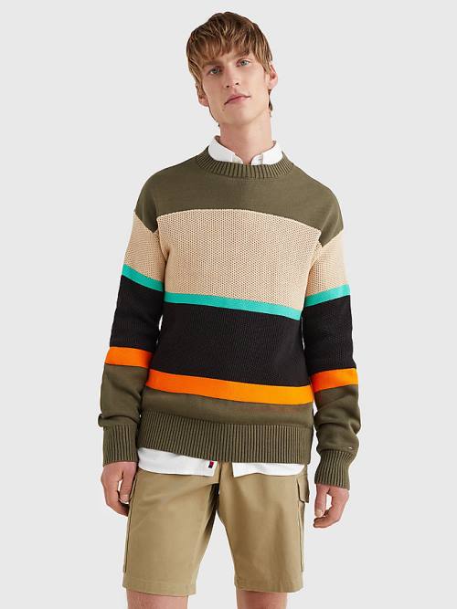 Tommy Hilfiger Colour-Blocked Mixed Knit Jumper Moški Puloverji Kaki | TH019GRA