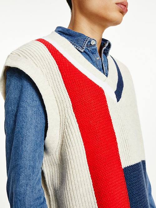 Tommy Hilfiger Colour-Blocked V-Neck Vest Moški Pulover Modra | TH487GHQ