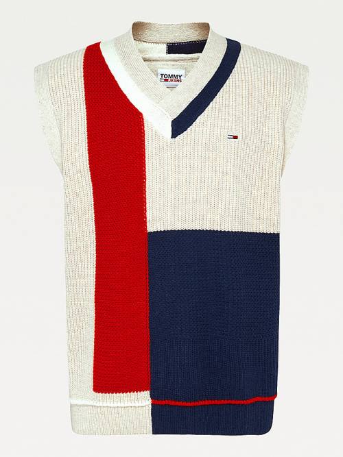 Tommy Hilfiger Colour-Blocked V-Neck Vest Moški Pulover Modra | TH487GHQ