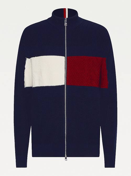 Tommy Hilfiger Colour-Blocked Zip-Thru Stripe Cardigan Moški Puloverji Modra | TH319TZH