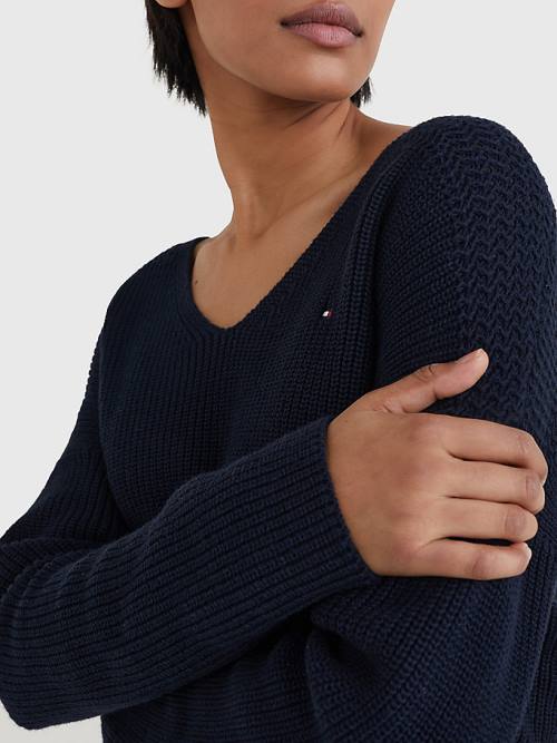 Tommy Hilfiger Contrast Knit Relaxed Fit V-Neck Jumper Ženske Puloverji Modra | TH396UWV