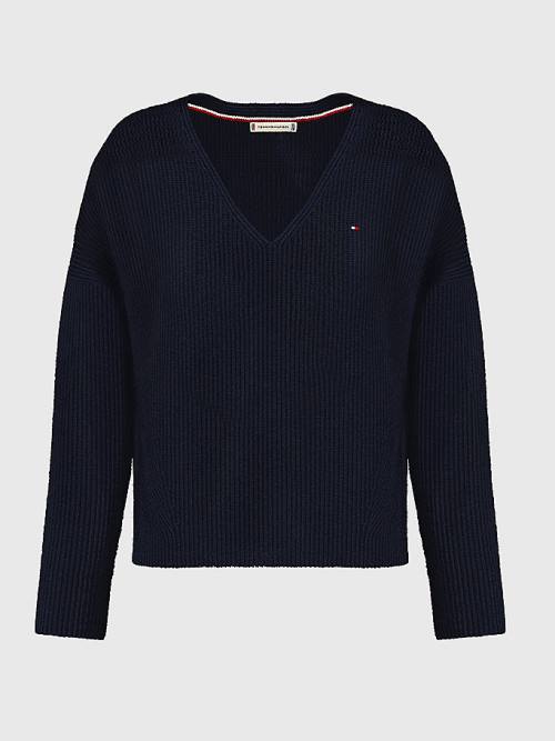 Tommy Hilfiger Contrast Knit Relaxed Fit V-Neck Jumper Ženske Puloverji Modra | TH396UWV