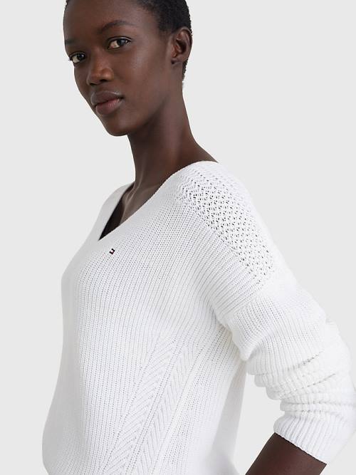 Tommy Hilfiger Contrast Knit Relaxed Fit V-Neck Jumper Ženske Puloverji Bela | TH587CJE