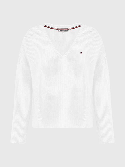 Tommy Hilfiger Contrast Knit Relaxed Fit V-Neck Jumper Ženske Puloverji Bela | TH587CJE