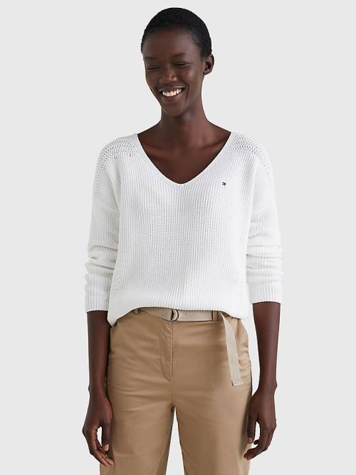 Tommy Hilfiger Contrast Knit Relaxed Fit V-Neck Jumper Ženske Puloverji Bela | TH587CJE