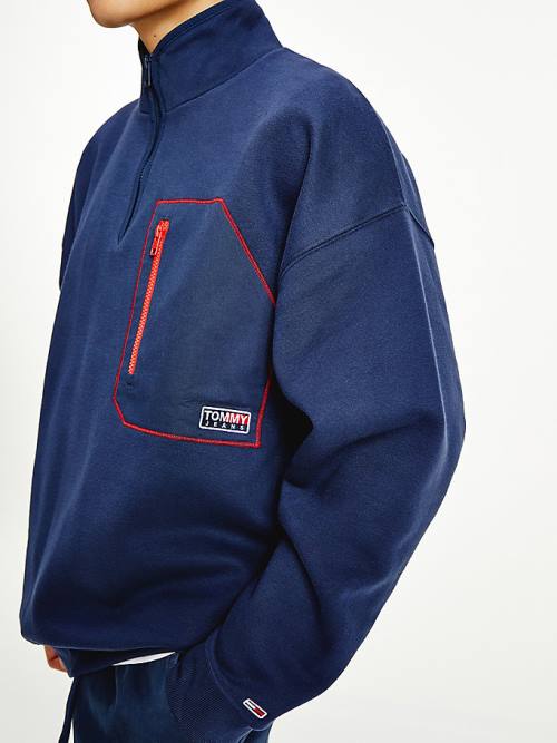 Tommy Hilfiger Contrast Pocket Half-Zip Moški Pulover Modra | TH081GSF