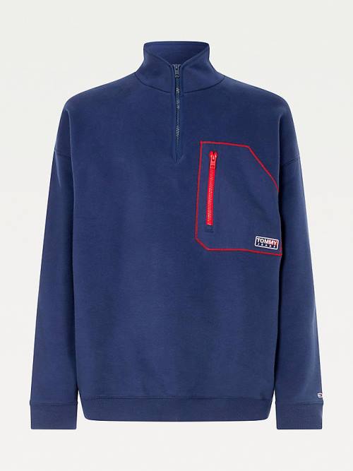 Tommy Hilfiger Contrast Pocket Half-Zip Moški Pulover Modra | TH081GSF