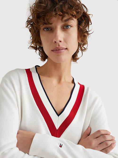 Tommy Hilfiger Contrast V Neck Jumper Ženske Puloverji Bela | TH928KMD