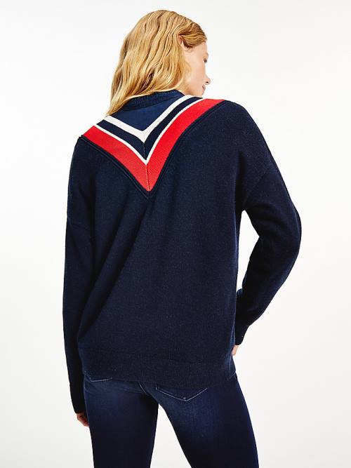 Tommy Hilfiger Contrast V-Neck Relaxed Fit Jumper Ženske Puloverji Modra | TH420HSW