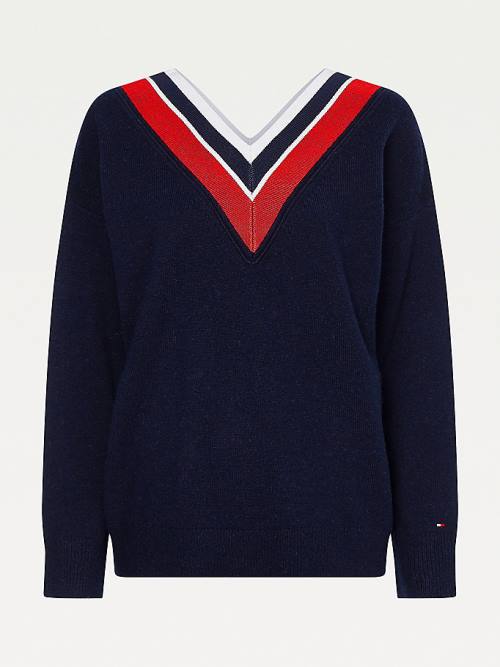 Tommy Hilfiger Contrast V-Neck Relaxed Fit Jumper Ženske Puloverji Modra | TH420HSW