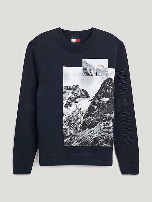 Tommy Hilfiger Crest Landscape Print Moški Pulover Modra | TH369WLO