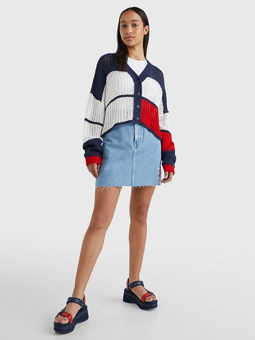 Tommy Hilfiger Cropped Colour-Blocked Cardigan Ženske Puloverji Modra | TH093IYM