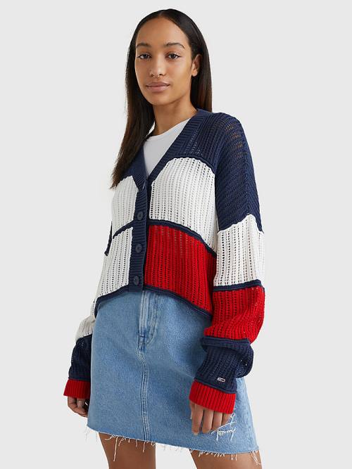 Tommy Hilfiger Cropped Colour-Blocked Cardigan Ženske Puloverji Modra | TH093IYM