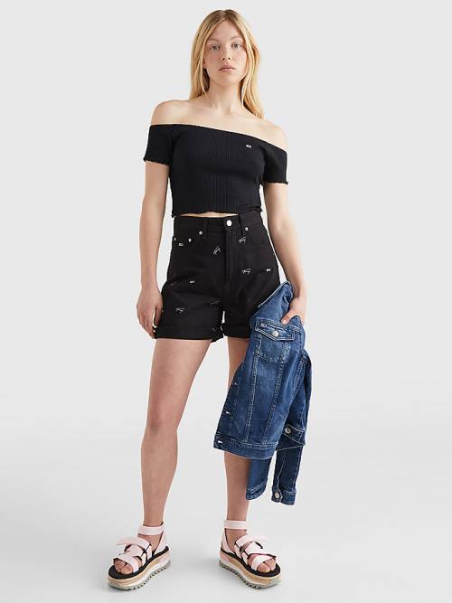 Tommy Hilfiger Cropped Off-The-Shoulder Ženske Majice Črna | TH168STC