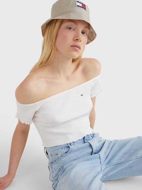 Tommy Hilfiger Cropped Off-The-Shoulder Ženske Majice Bela | TH512ODS